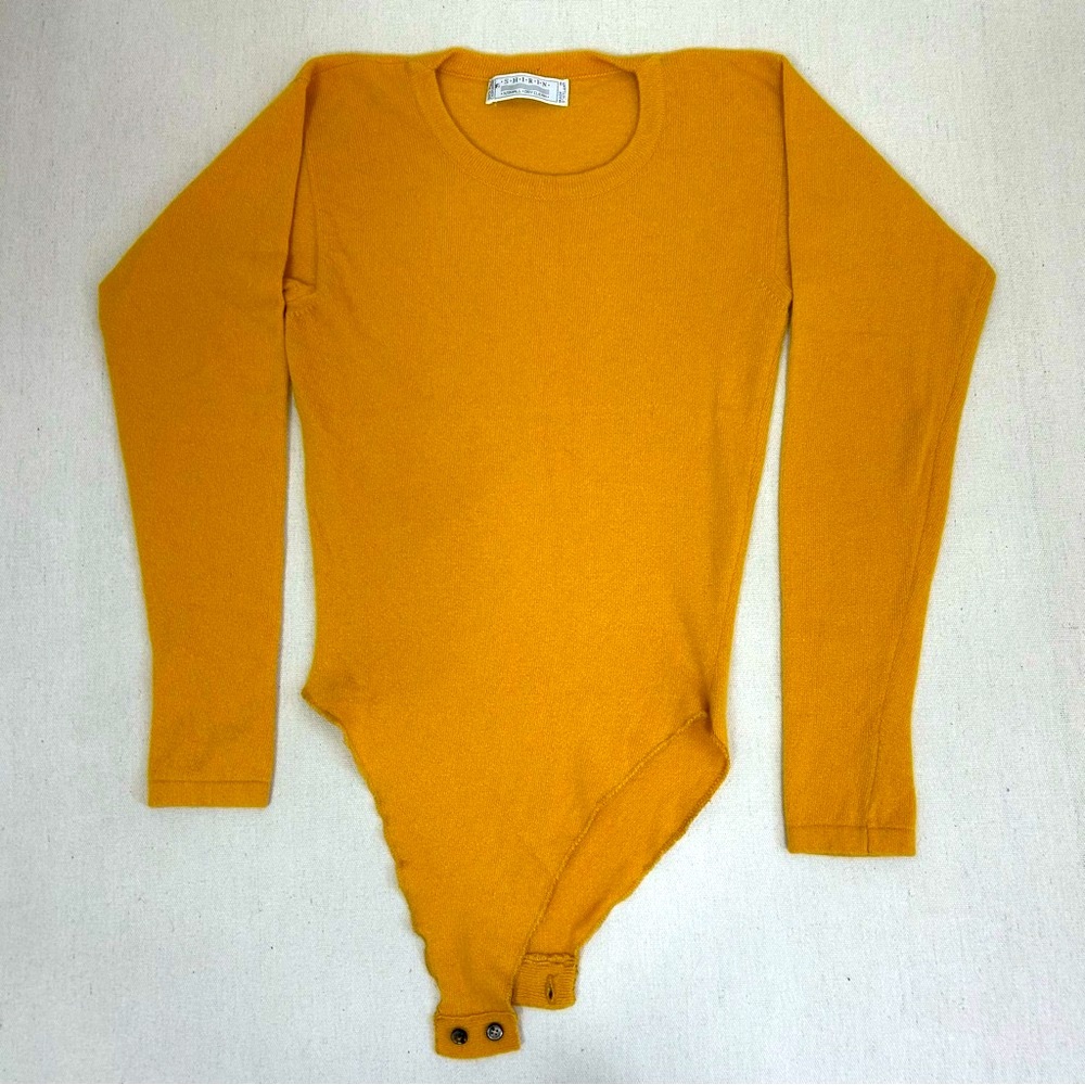 SHIRIN Vintage Golden Yellow Knit 100% Pure Cashmere Bodysuit Sweater